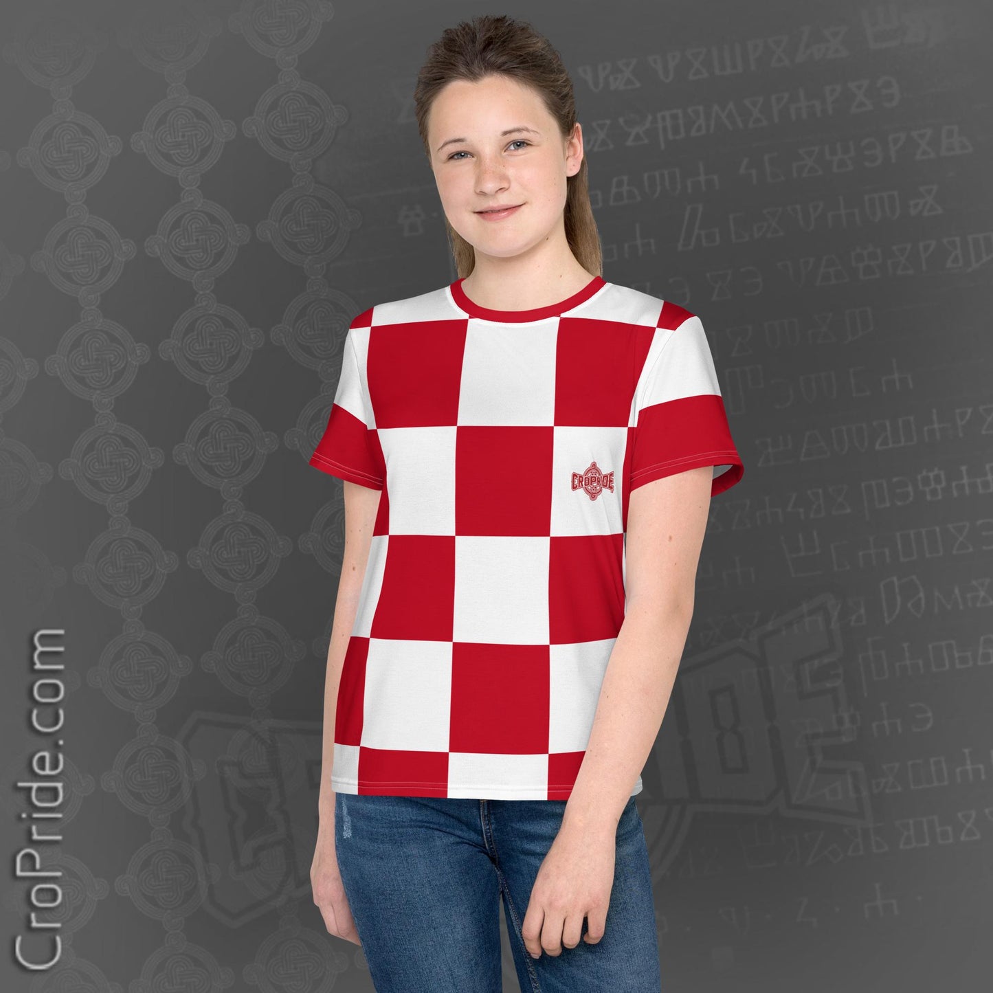 Croatian Checkers "Mi Hrvati" Youth Crew Neck T-Shirt - 95% Polyester | 4-Way Stretch Fabric