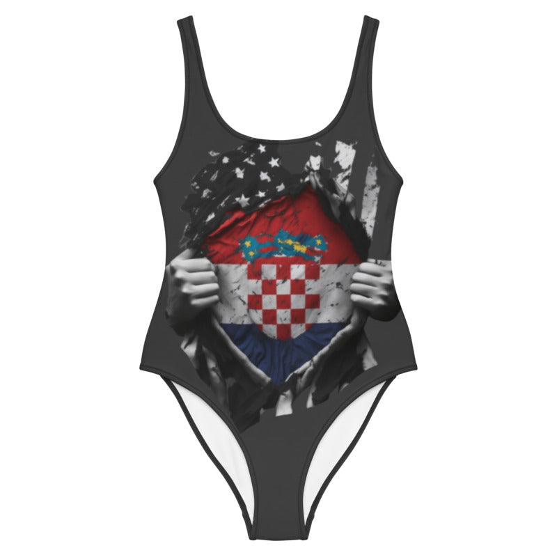 Croatian Flag One-Piece Swimsuit - Chlorine-Resistant, Cheeky Fit, Zig-Zag Stitching