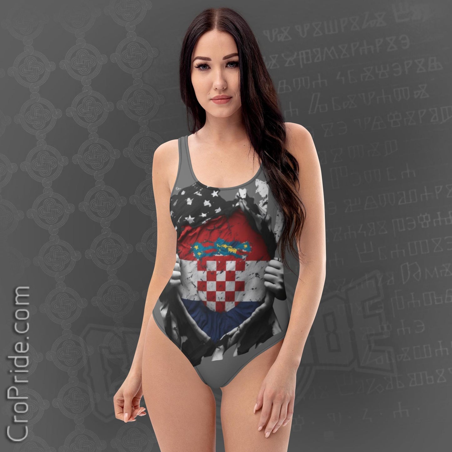 Croatian Flag One-Piece Swimsuit - Chlorine-Resistant, Cheeky Fit, Zig-Zag Stitching