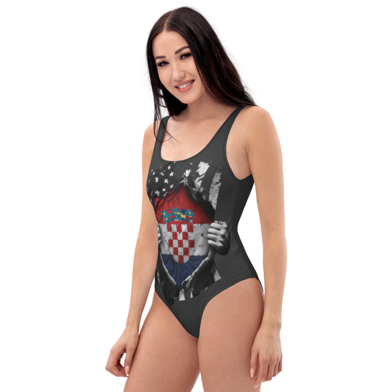 Croatian Flag One-Piece Swimsuit - Chlorine-Resistant, Cheeky Fit, Zig-Zag Stitching