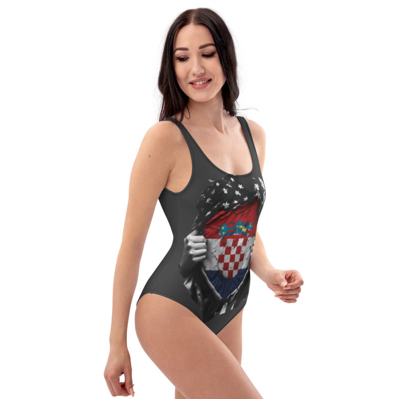 Croatian Flag One-Piece Swimsuit - Chlorine-Resistant, Cheeky Fit, Zig-Zag Stitching